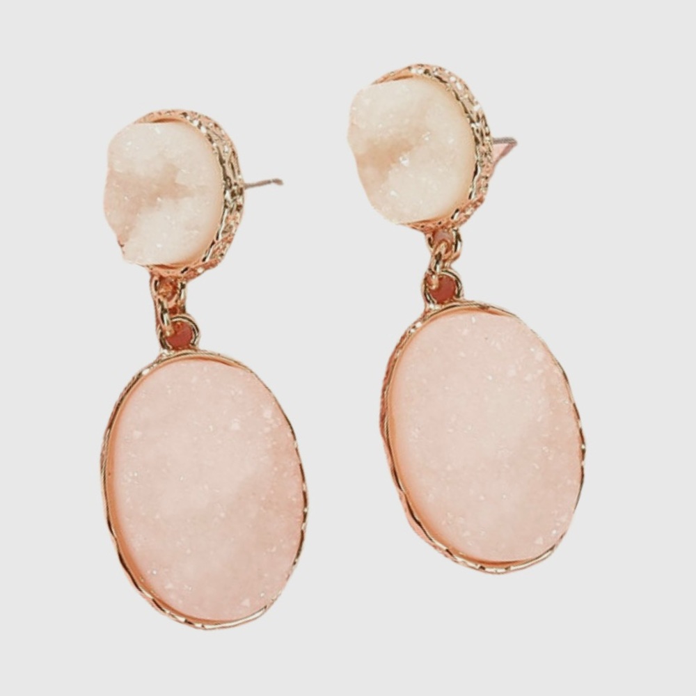 Anthropologie Gold Plated Peach Cream Long Druzy Drop Earrings - Picture 4 of 6